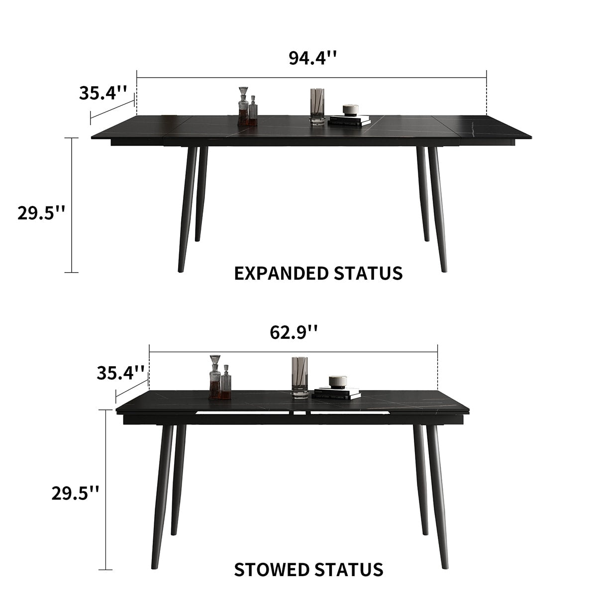 9 Piece 62.9 inch to 94.4 inch Extendable Dining Table Set with Sintered Stone Top 8 Chairs
