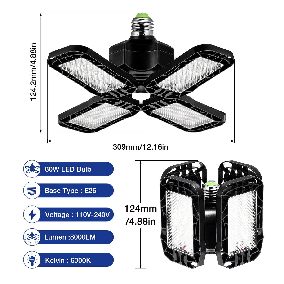 YANSUN 80-Watt White Black Deformable LED Adjustable Garage Light Semi-Flush Mount Lighting with 4-Leaf 6000K Daylight - 6000 K