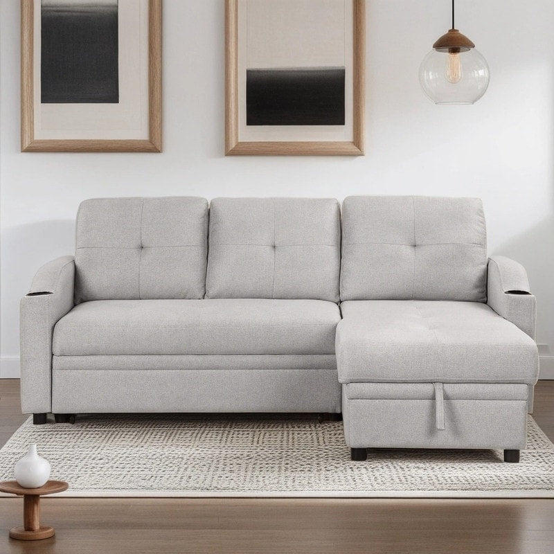 80.3" Upholstered Pull Out Sofa Bed,3 Seater,Storage Chaise,Cup Holder