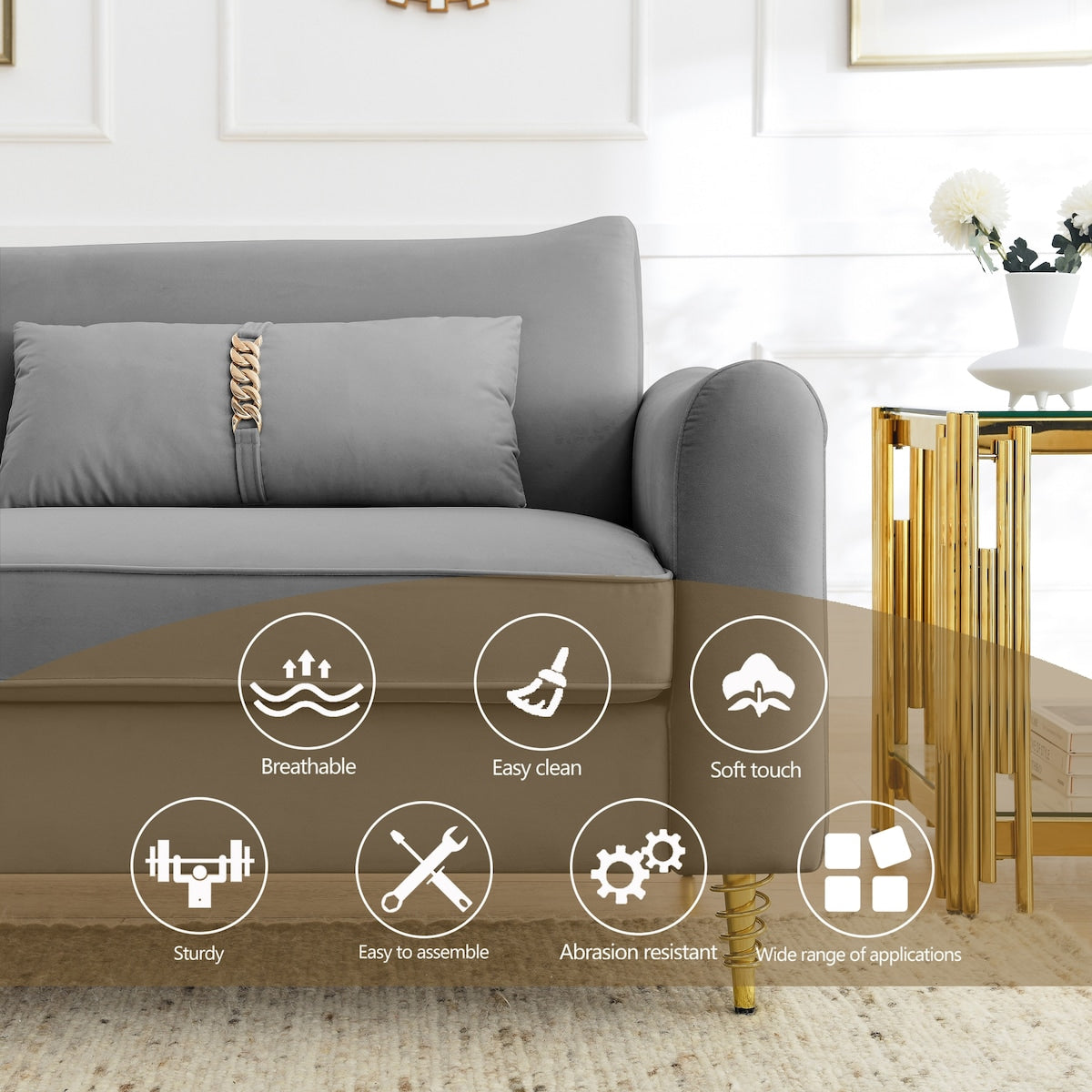 80.3" Velvet Upholstered 3 Seat Sofa, Tufted Back Comfy Long Couch