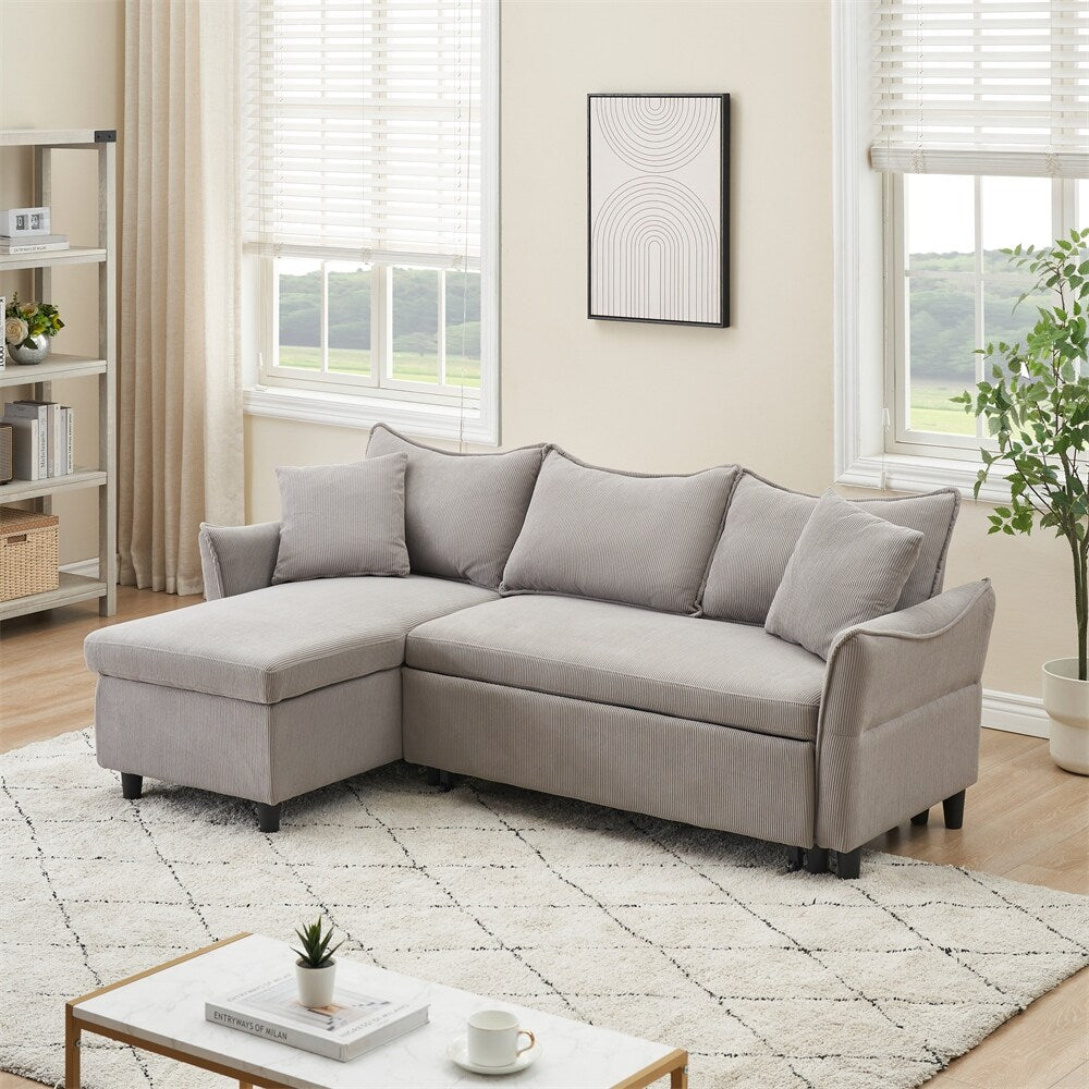 80" Corduroy L-Shaped Sofa Comes With Two Small Throw Pillows