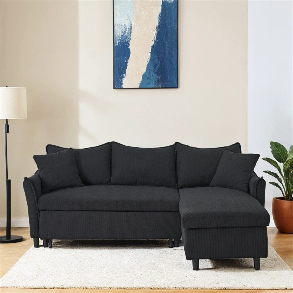 80" Corduroy L-Shaped Sofa Comes With Two Small Throw Pillows