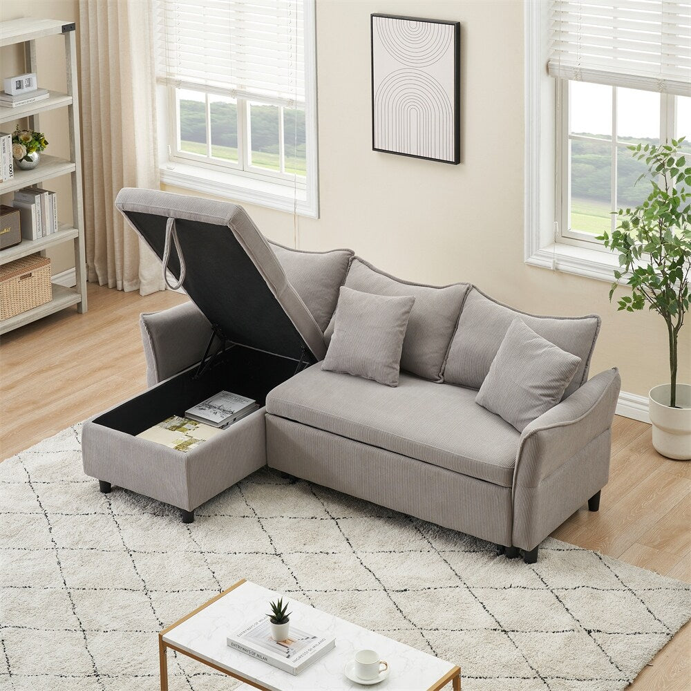 80" Corduroy L-Shaped Sofa Comes With Two Small Throw Pillows