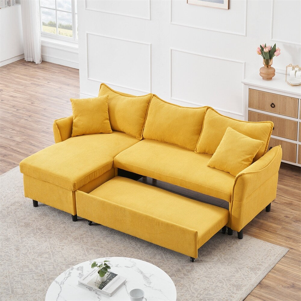 80" Corduroy L-Shaped Sofa Comes With Two Small Throw Pillows