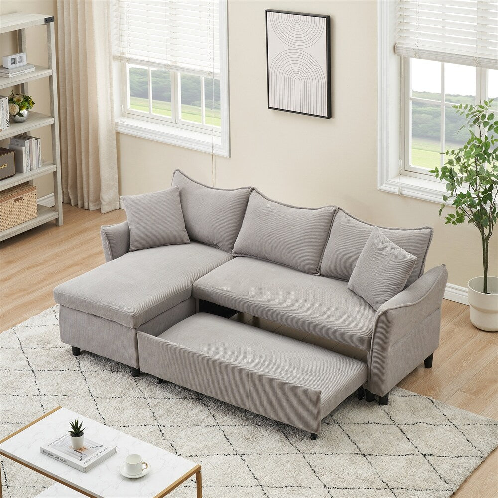 80" Corduroy L-Shaped Sofa Comes With Two Small Throw Pillows