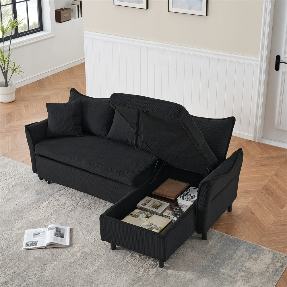 80" Corduroy L-Shaped Sofa Comes With Two Small Throw Pillows