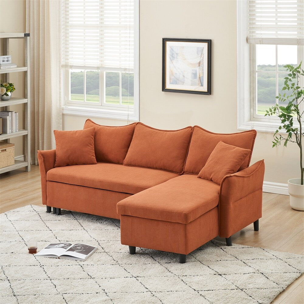 80" Corduroy L-Shaped Sofa Comes With Two Small Throw Pillows