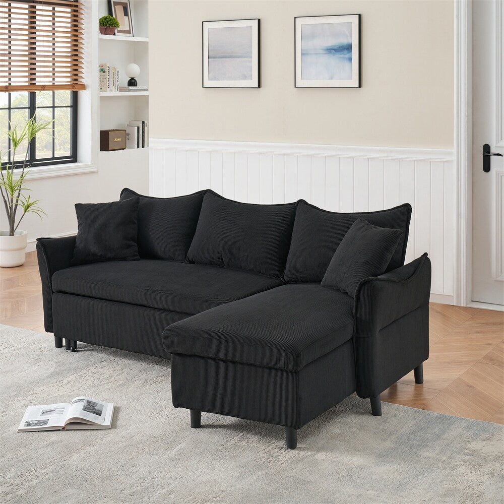 80" Corduroy L-Shaped Sofa Comes With Two Small Throw Pillows