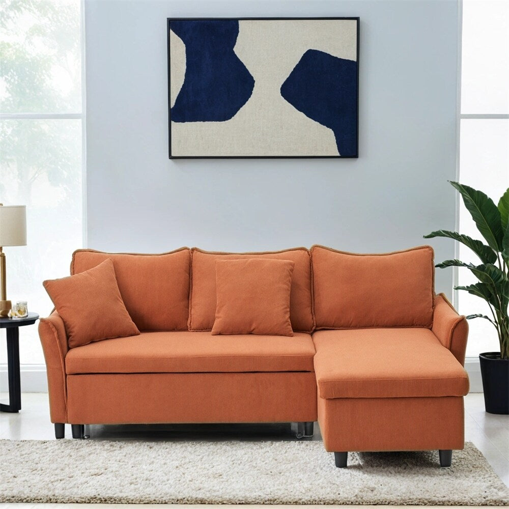 80" Corduroy L-Shaped Sofa Comes With Two Small Throw Pillows