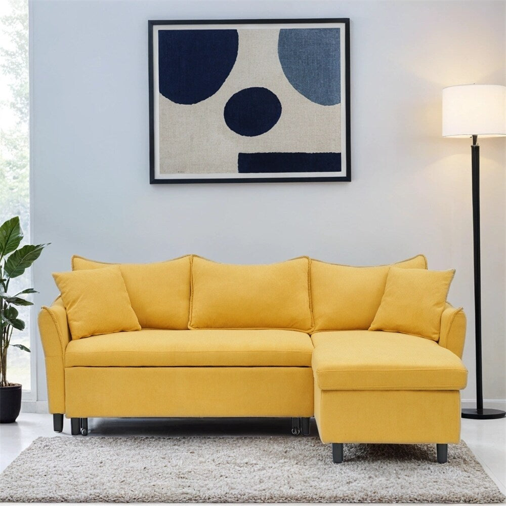 80" Corduroy L-Shaped Sofa Comes With Two Small Throw Pillows