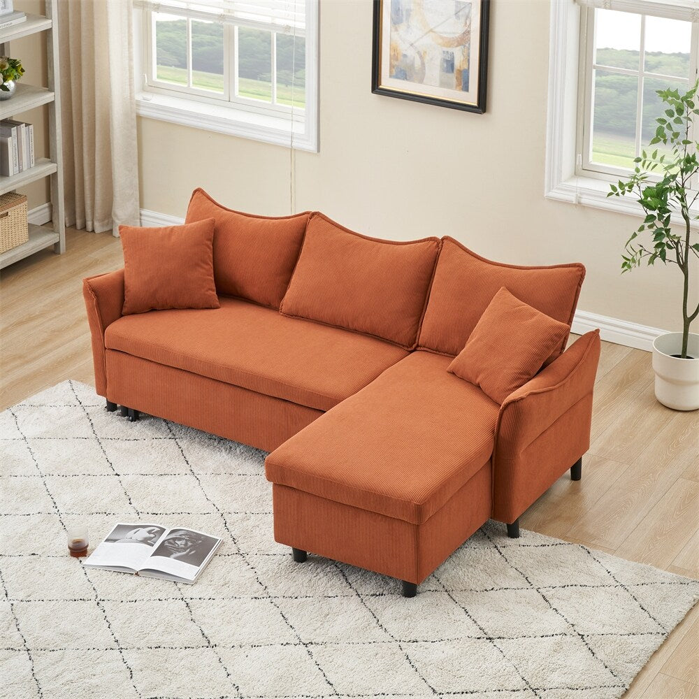 80" Corduroy L-Shaped Sofa Comes With Two Small Throw Pillows