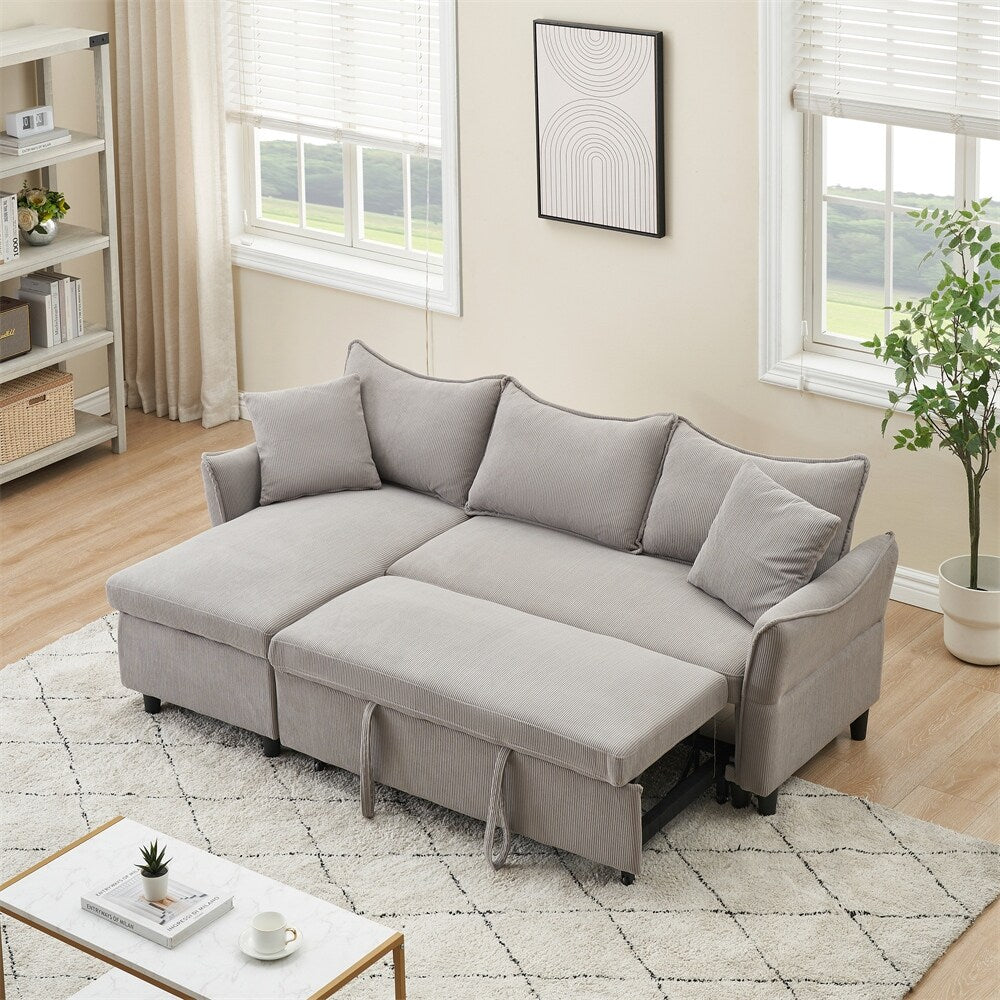 80" Corduroy L-Shaped Sofa Comes With Two Small Throw Pillows