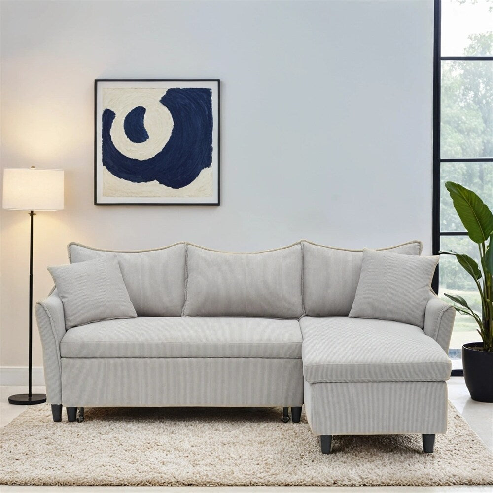 80" Corduroy L-Shaped Sofa Comes With Two Small Throw Pillows