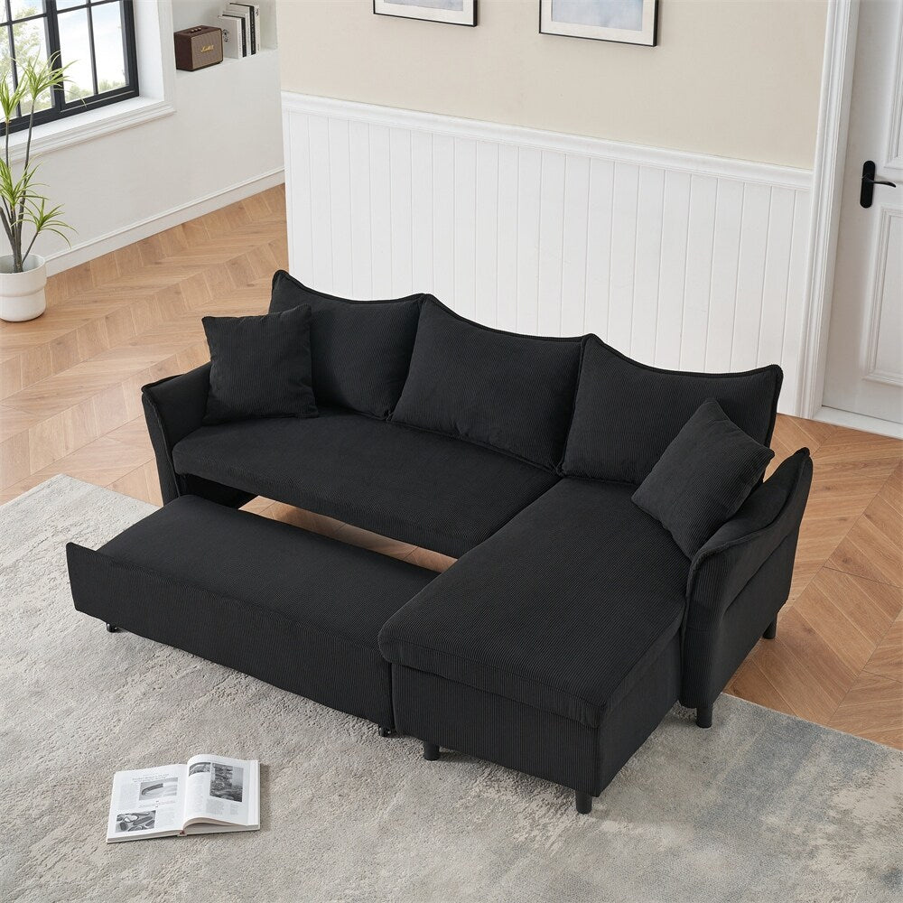 80" Corduroy L-Shaped Sofa Comes With Two Small Throw Pillows