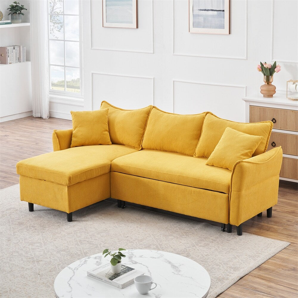 80" Corduroy L-Shaped Sofa Comes With Two Small Throw Pillows