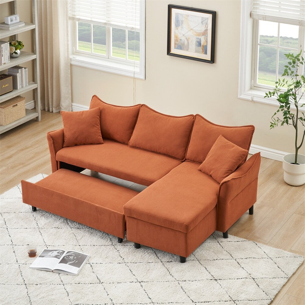 80" Corduroy L-Shaped Sofa Comes With Two Small Throw Pillows