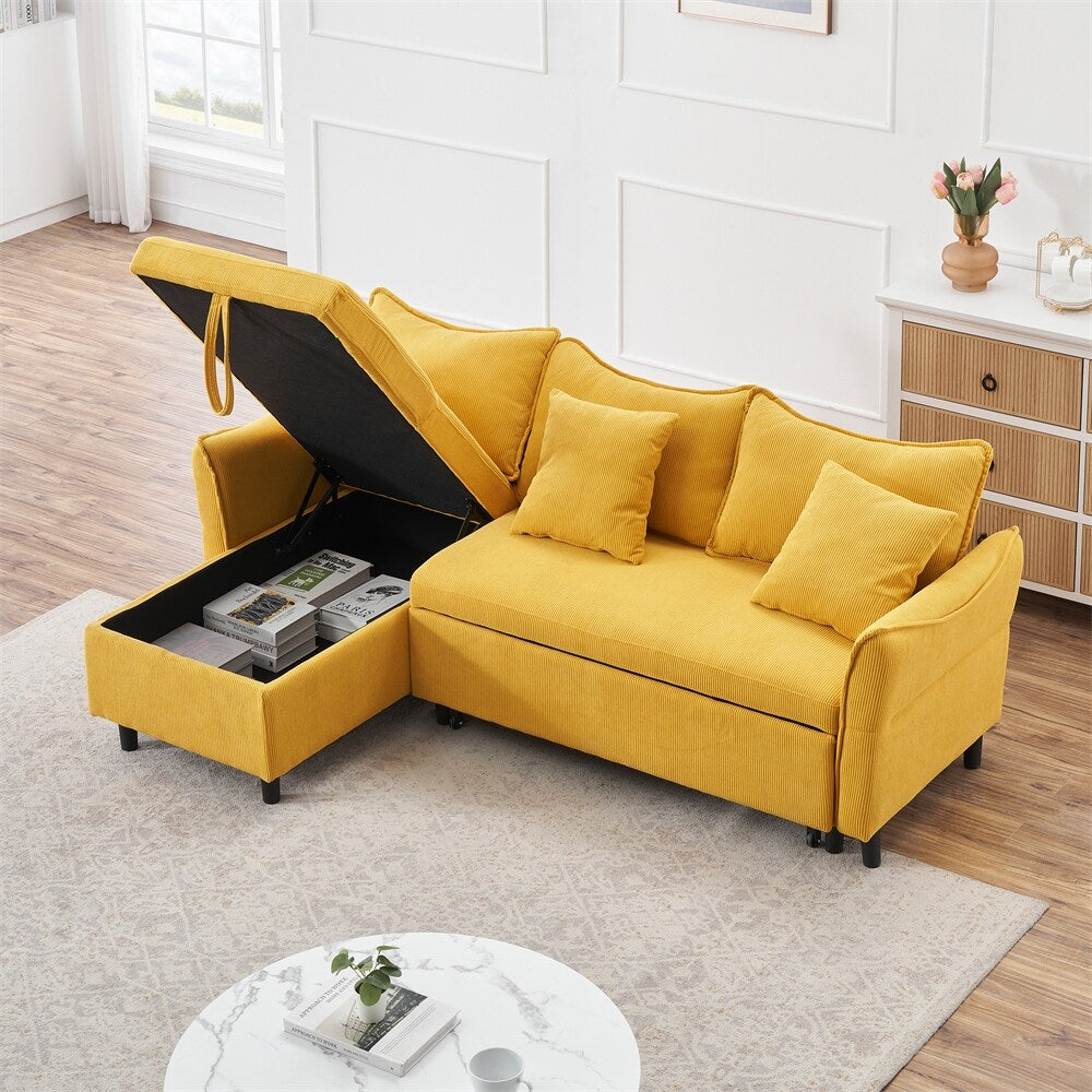 80" Corduroy L-Shaped Sofa Comes With Two Small Throw Pillows