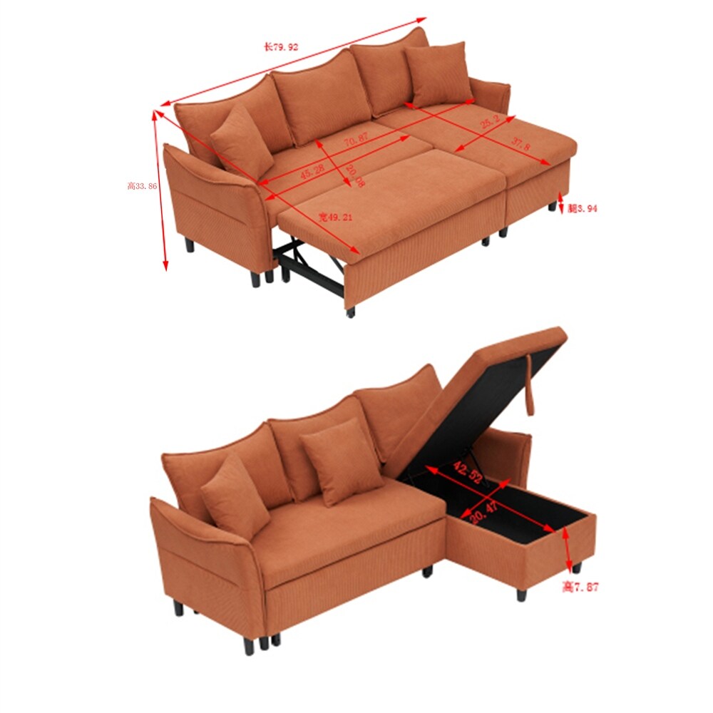 80" Corduroy L-Shaped Sofa Comes With Two Small Throw Pillows