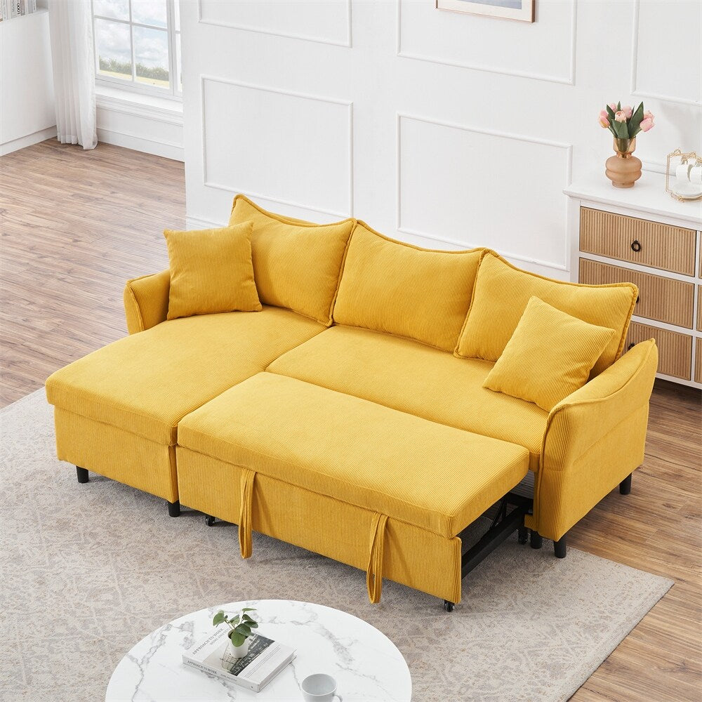 80" Corduroy L-Shaped Sofa Comes With Two Small Throw Pillows