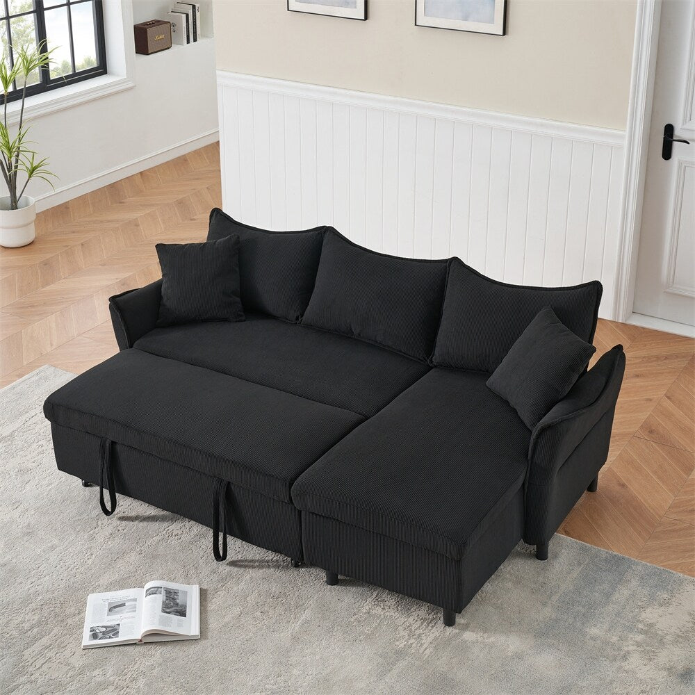 80" Corduroy L-Shaped Sofa Comes With Two Small Throw Pillows
