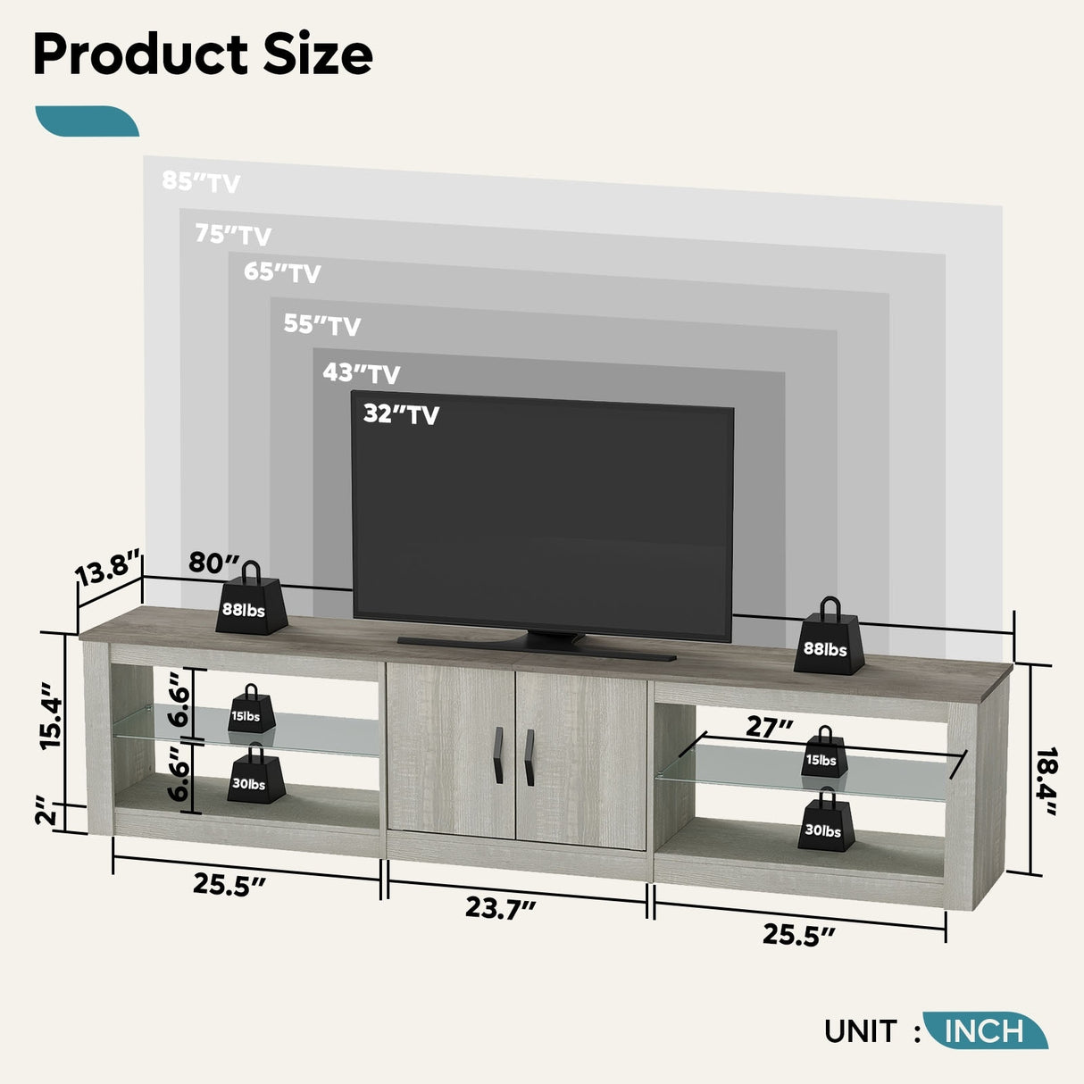80" TV Stand LED Entertainment Center for TVs up to 85" with Two Storage Cabinets - 80 inch