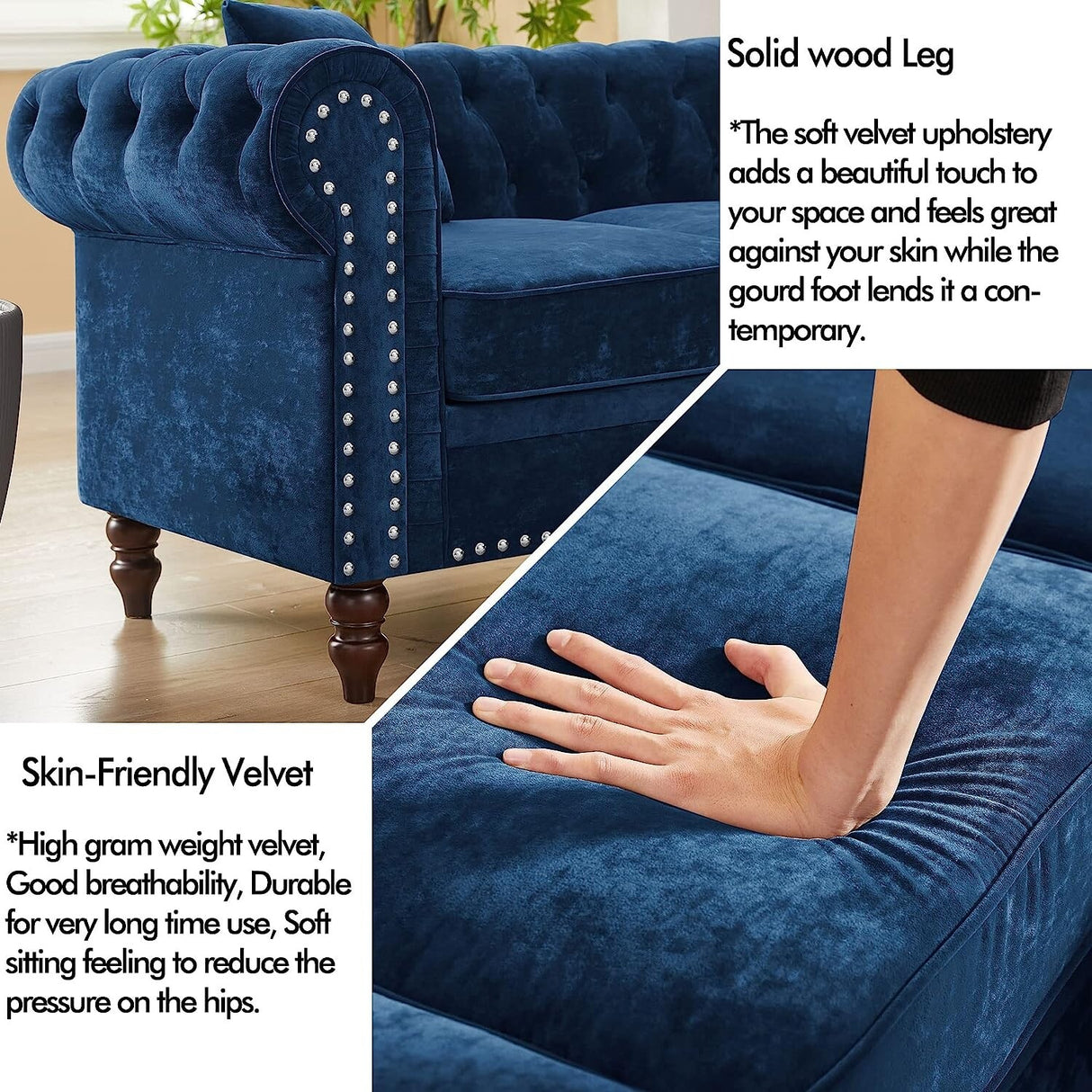 80" Velvet Sofa Couch, Luxury Chesterfield Button Tufted Upholstered Sectional Sofa