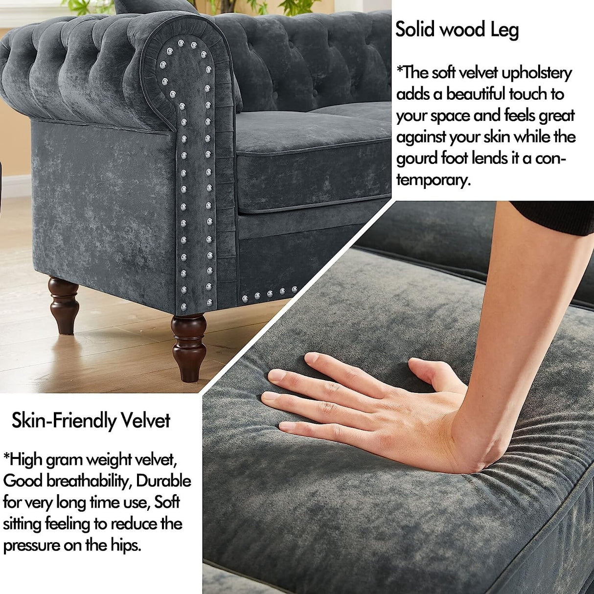 80" Velvet Sofa Couch, Luxury Chesterfield Button Tufted Upholstered Sectional Sofa