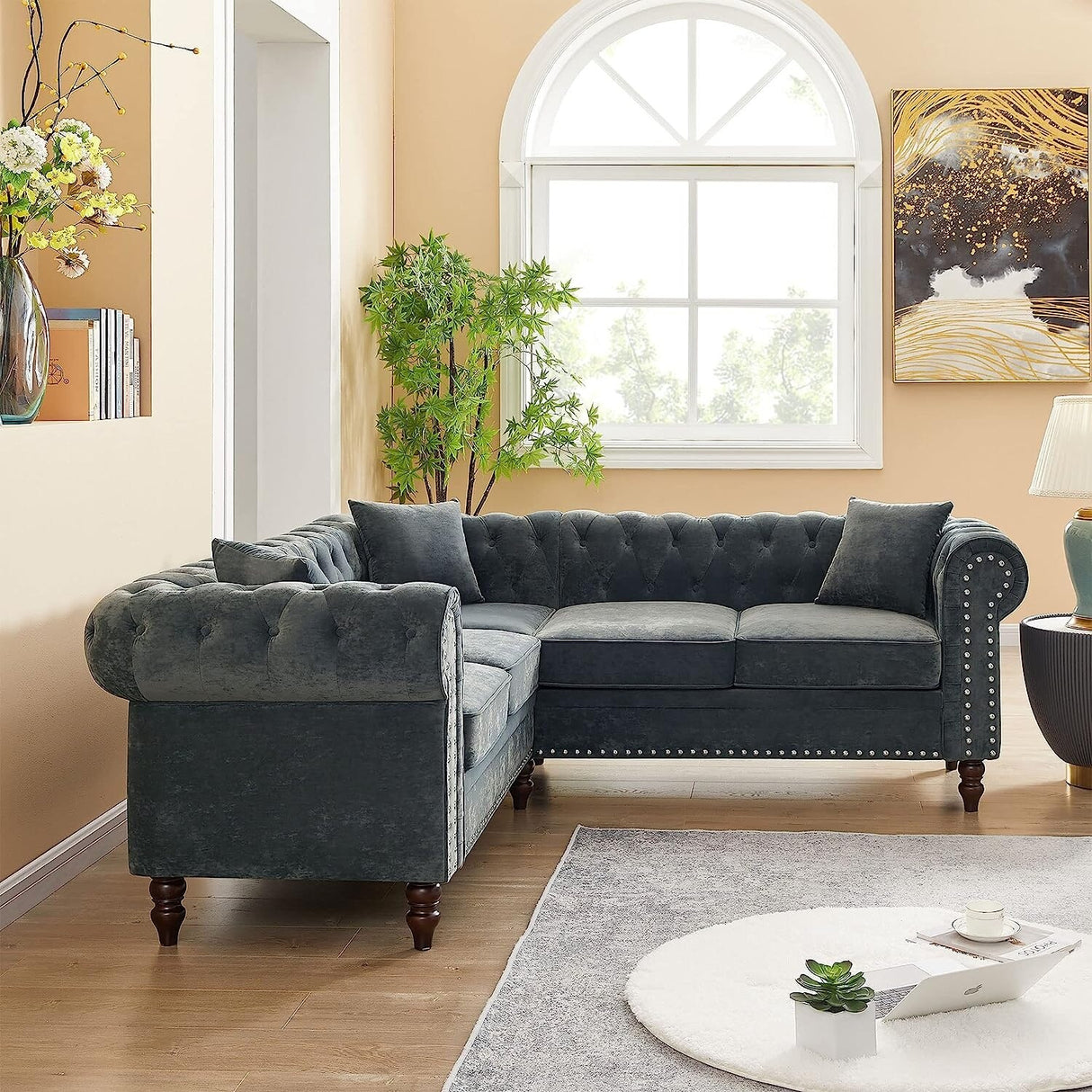 80" Velvet Sofa Couch, Luxury Chesterfield Button Tufted Upholstered Sectional Sofa