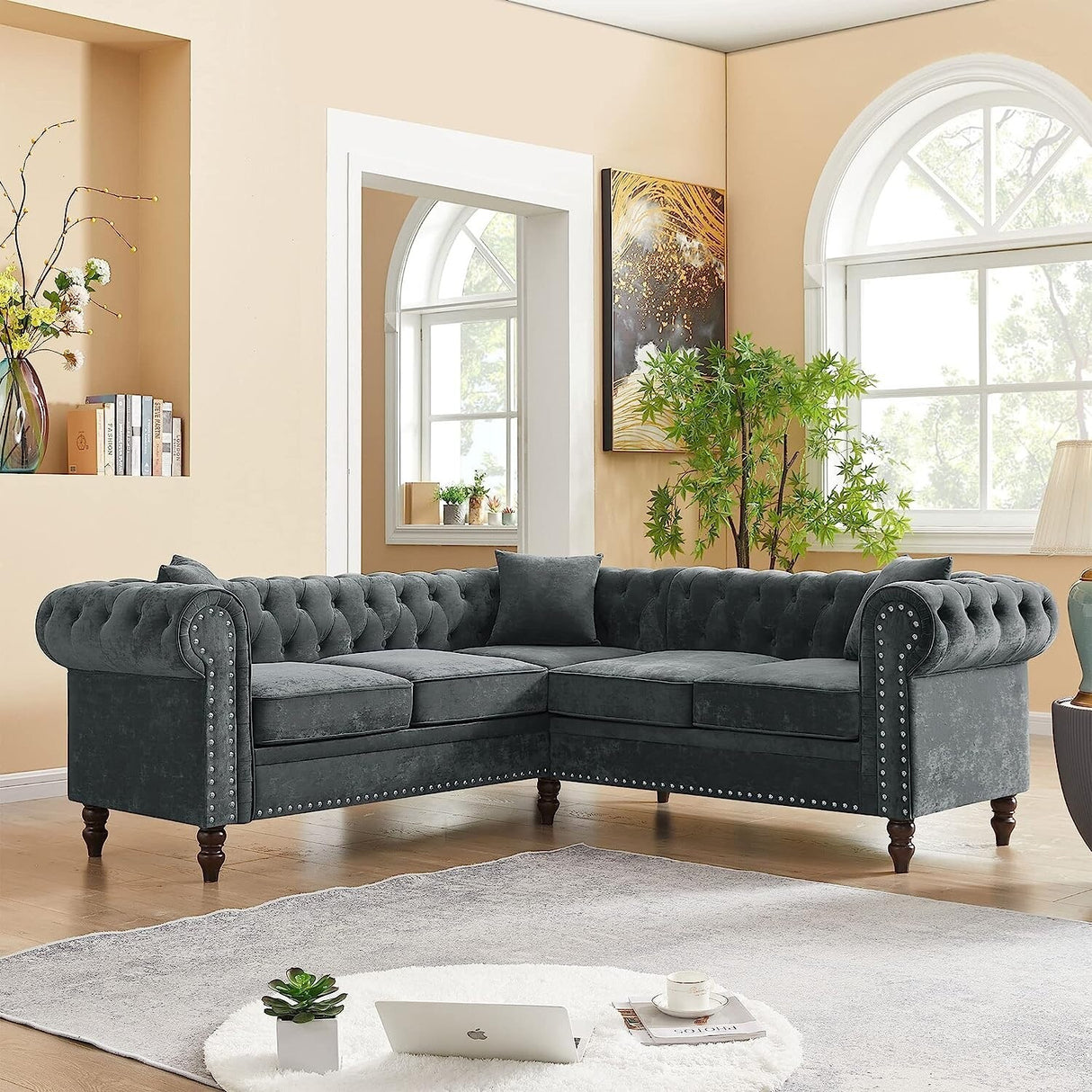 80" Velvet Sofa Couch, Luxury Chesterfield Button Tufted Upholstered Sectional Sofa