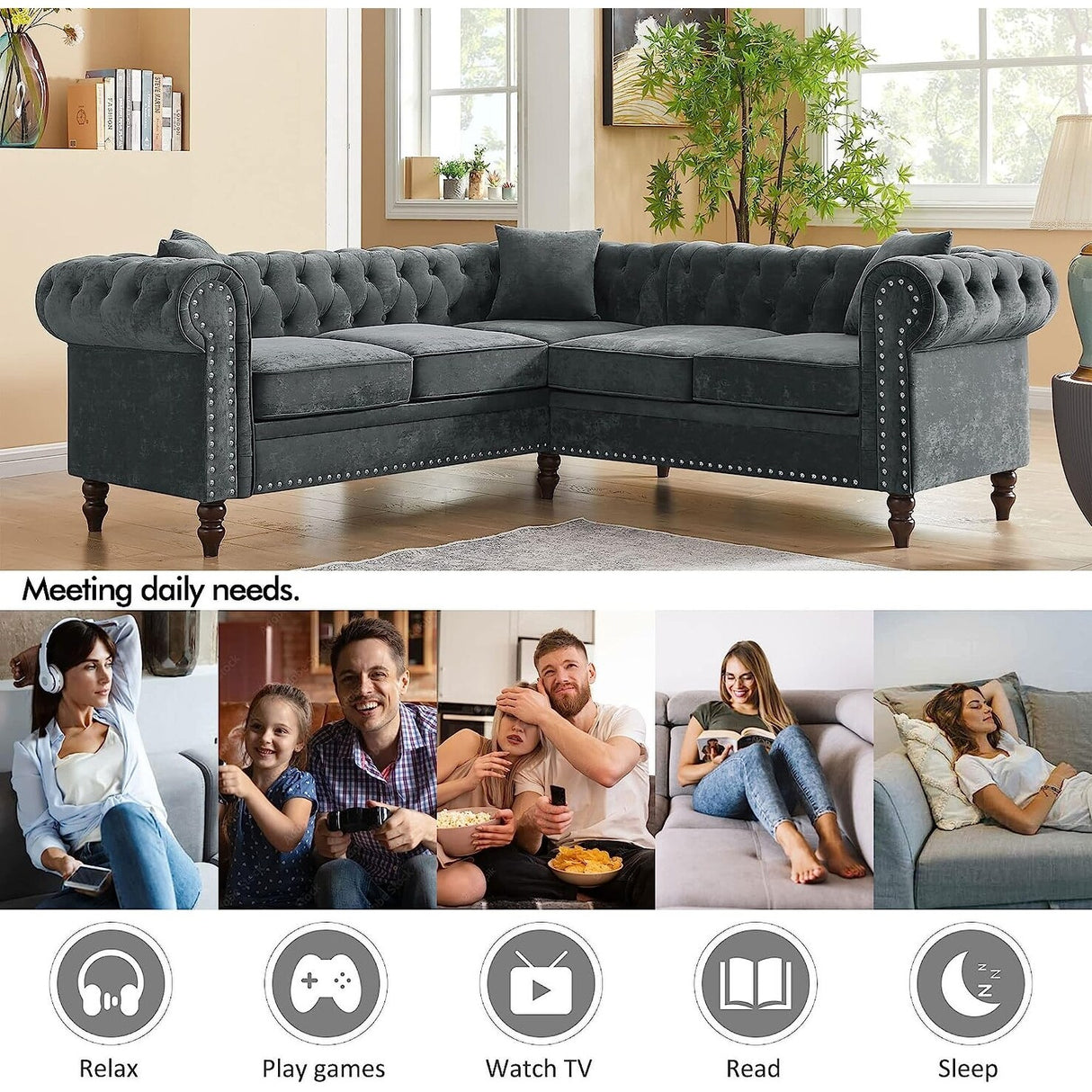 80" Velvet Sofa Couch, Luxury Chesterfield Button Tufted Upholstered Sectional Sofa