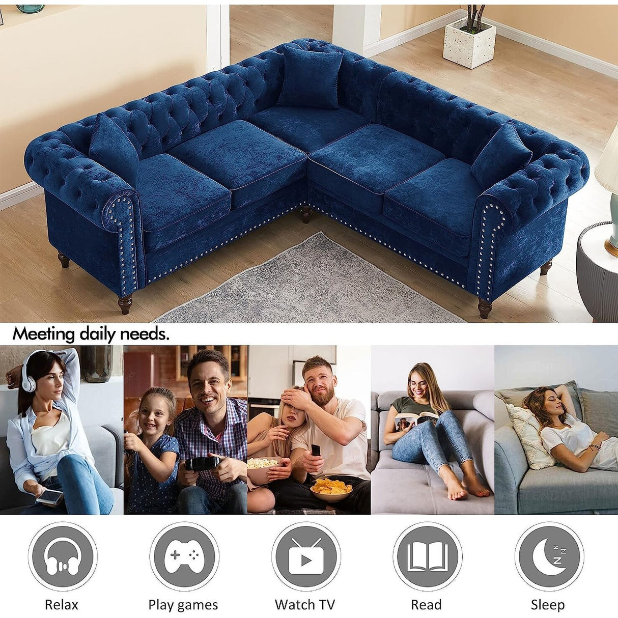 80" Velvet Sofa Couch, Luxury Chesterfield Button Tufted Upholstered Sectional Sofa