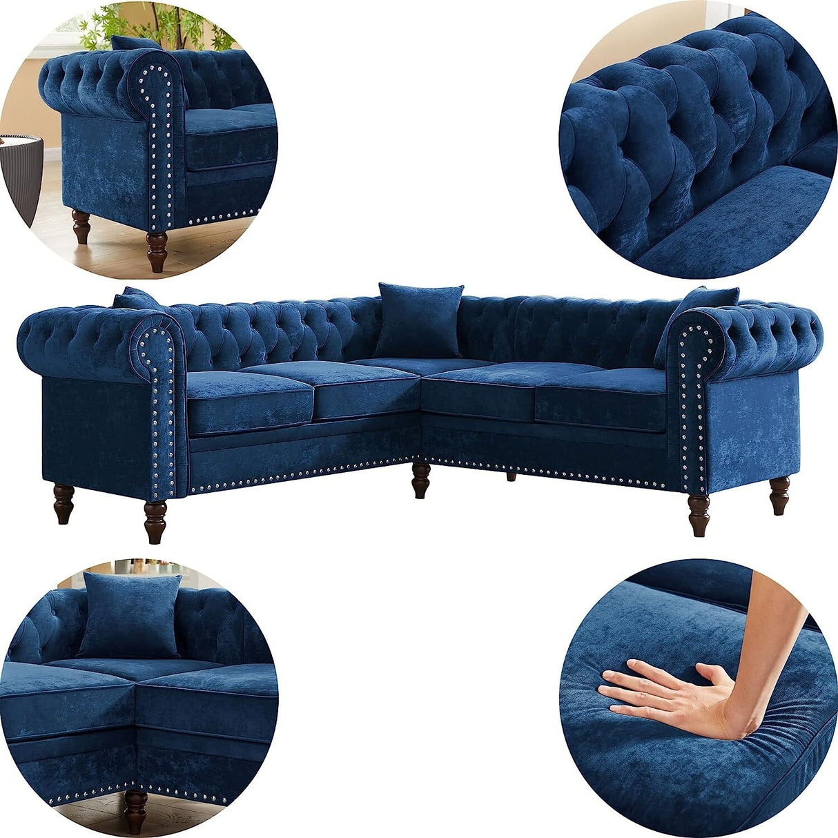 80" Velvet Sofa Couch, Luxury Chesterfield Button Tufted Upholstered Sectional Sofa