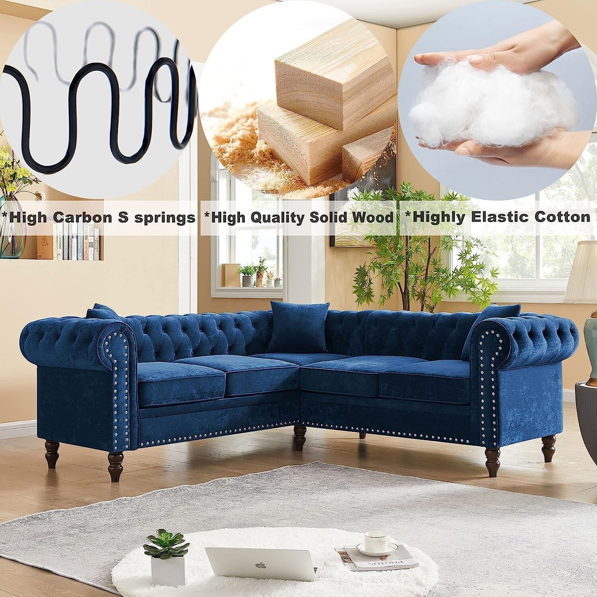 80" Velvet Sofa Couch, Luxury Chesterfield Button Tufted Upholstered Sectional Sofa
