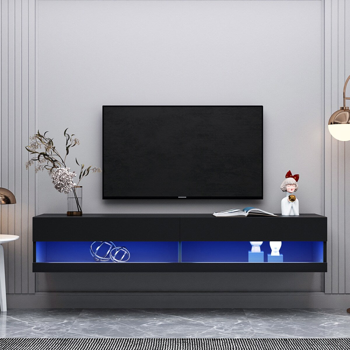 80'' High Gloss Wall Mount TV Cabinet Floating TV Stand with 2 Separate Storage&RGB LED Entertainment Center