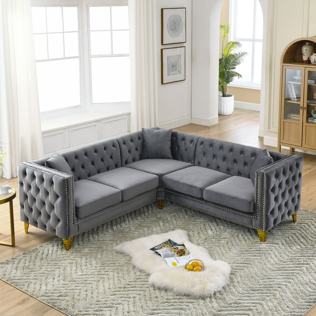 82.5 Mid Century Modern Tufted Velvet Symmetrical Corner Sectional So