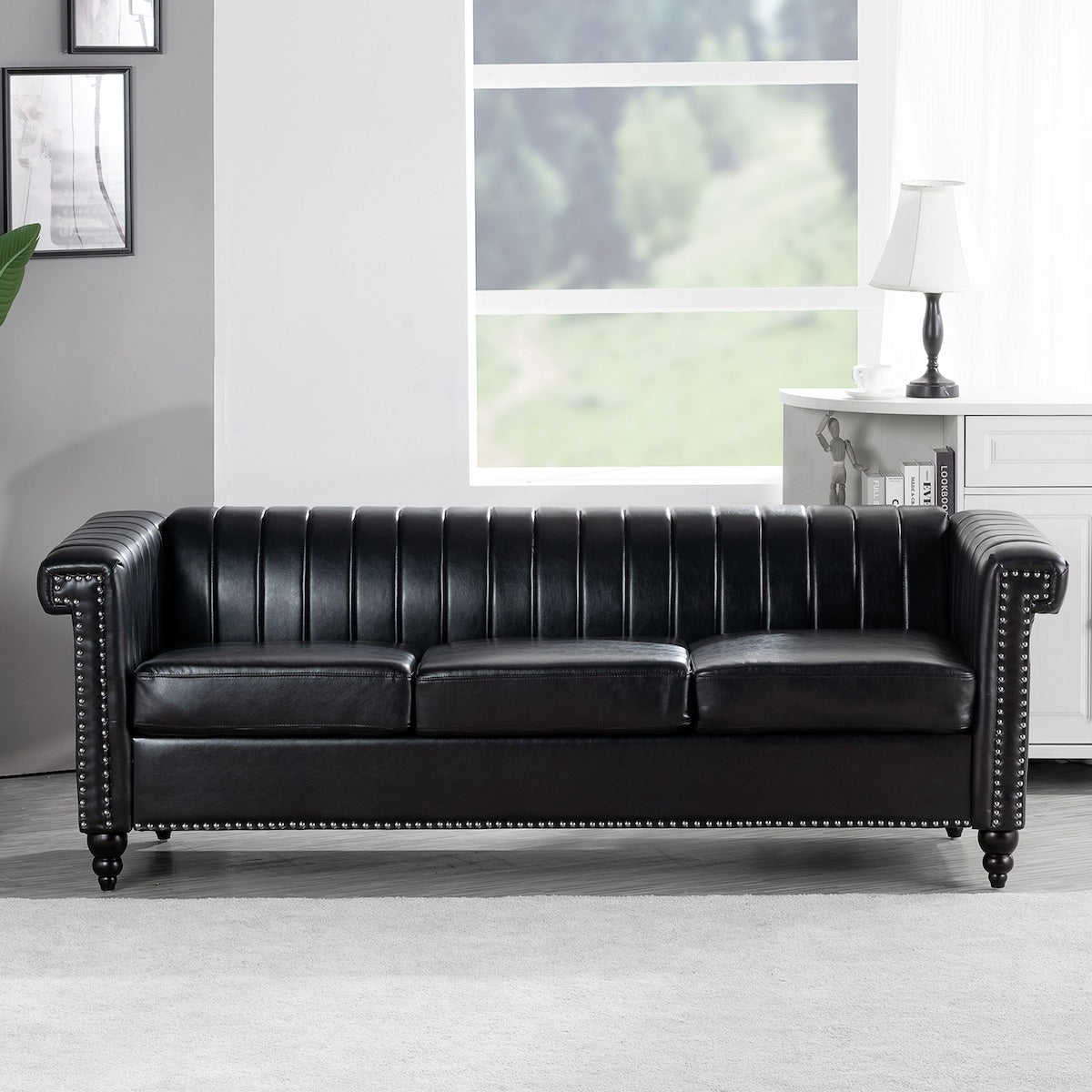 82.5" Traditional Luxury 3 Seater Sofa, PU Leather Sofa, Accent Sofa with Gourd Wood Legs