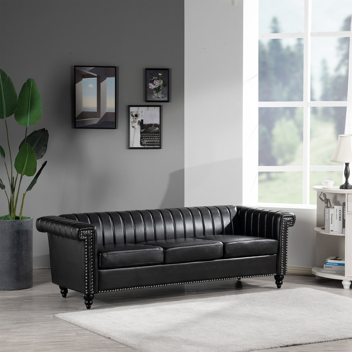 82.5" Traditional Luxury 3 Seater Sofa, PU Leather Sofa, Accent Sofa with Gourd Wood Legs