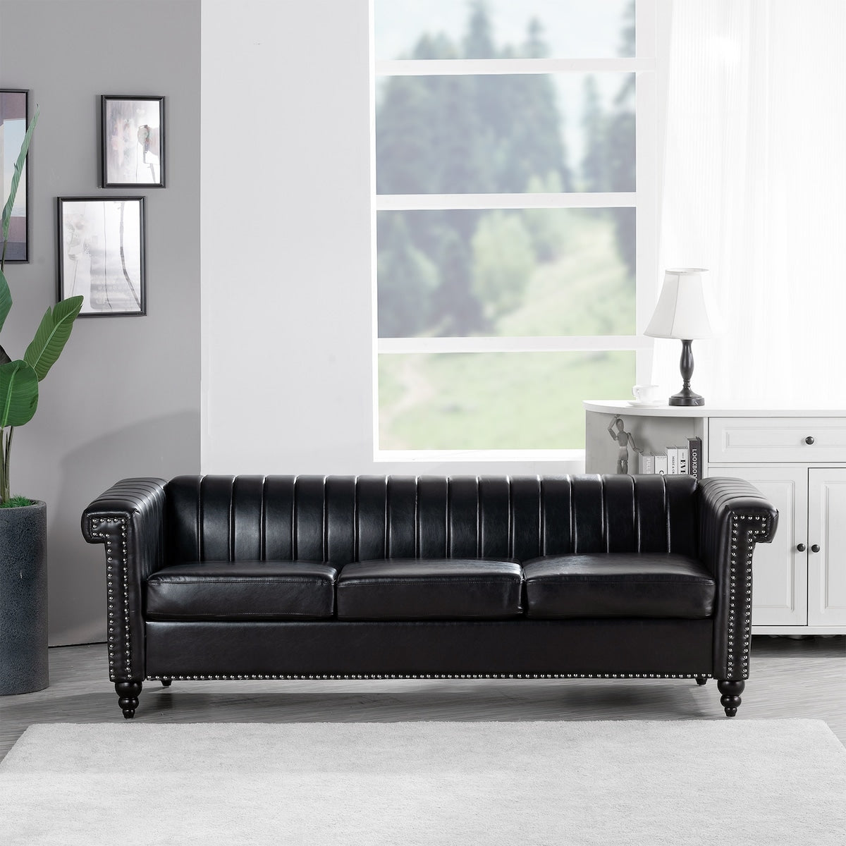82.5" Traditional Luxury 3 Seater Sofa, PU Leather Sofa, Accent Sofa with Gourd Wood Legs