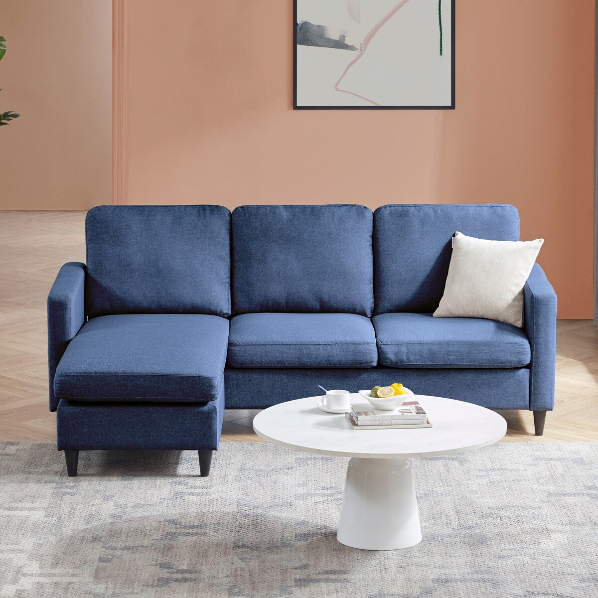 82.6" Reversible Sectional Sofa Living Room L-shape Linen Fabric 3-seater Couch with Ottoman