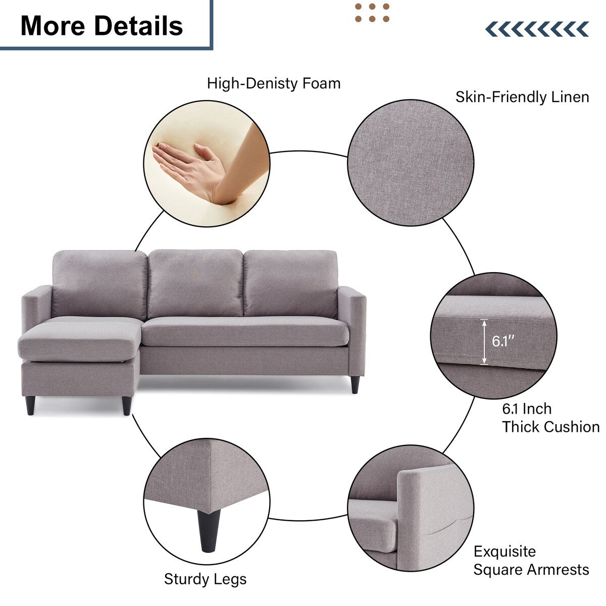82.6" Reversible Sectional Sofa Living Room L-shape Linen Fabric 3-seater Couch with Ottoman