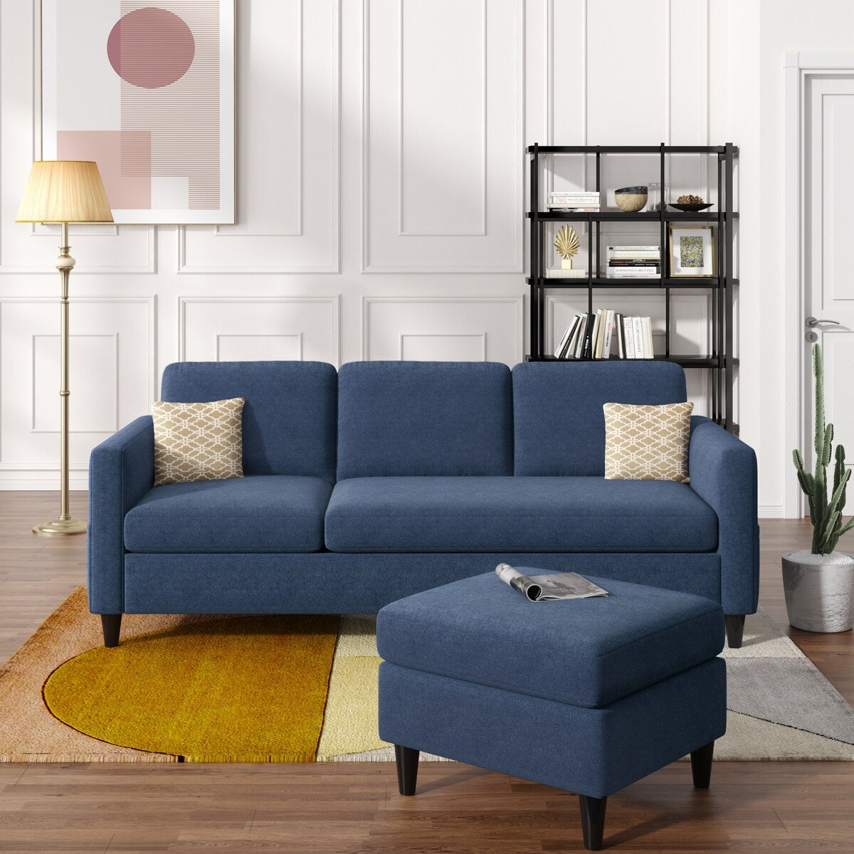 82.6" Reversible Sectional Sofa Living Room L-shape Linen Fabric 3-seater Couch with Ottoman
