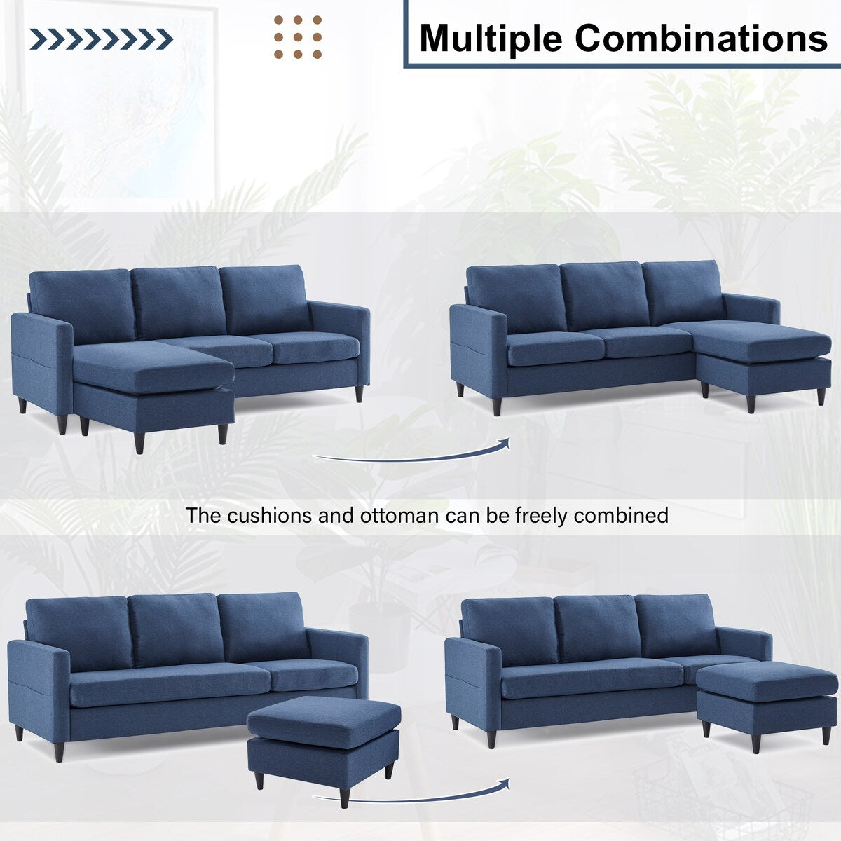 82.6" Reversible Sectional Sofa Living Room L-shape Linen Fabric 3-seater Couch with Ottoman