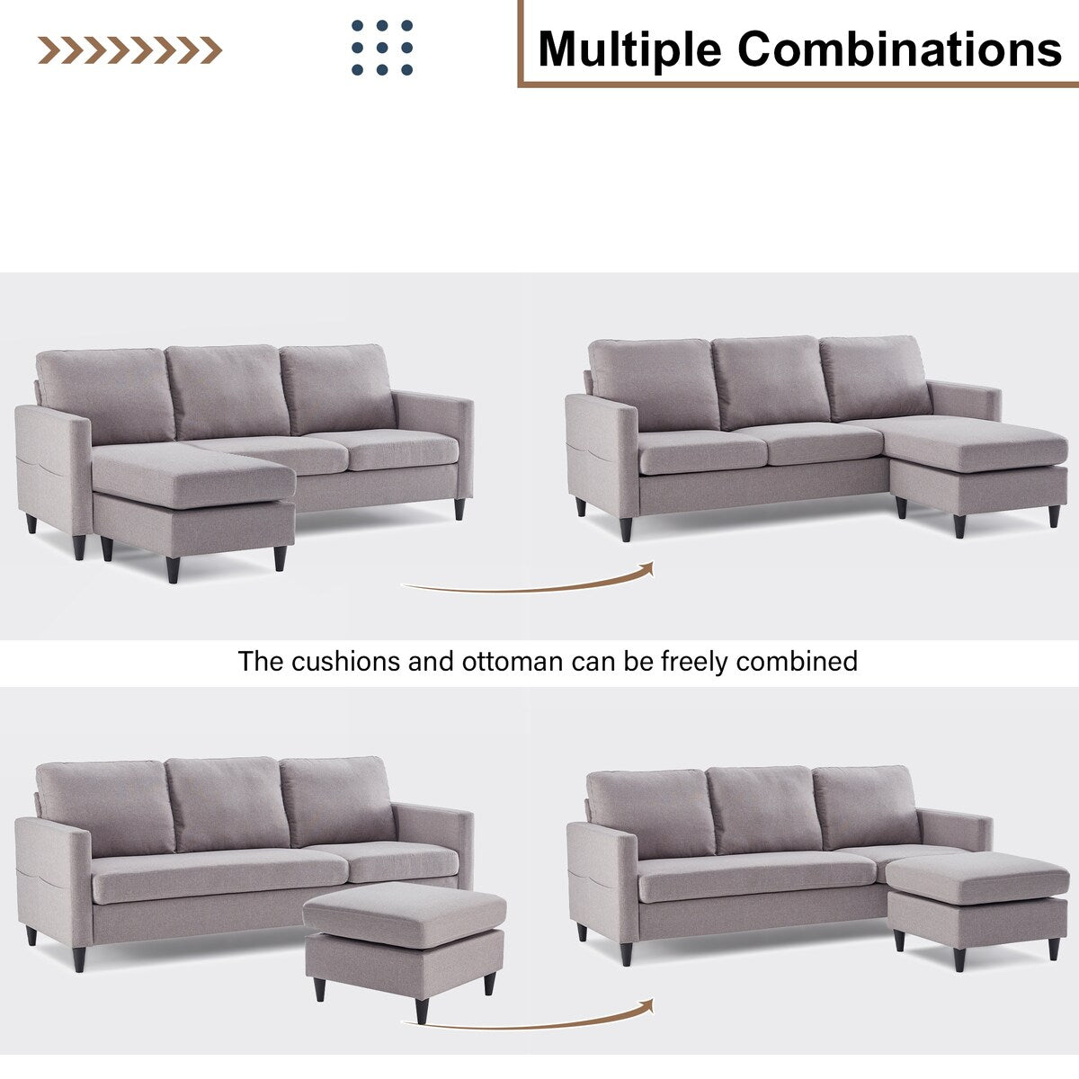 82.6" Reversible Sectional Sofa Living Room L-shape Linen Fabric 3-seater Couch with Ottoman