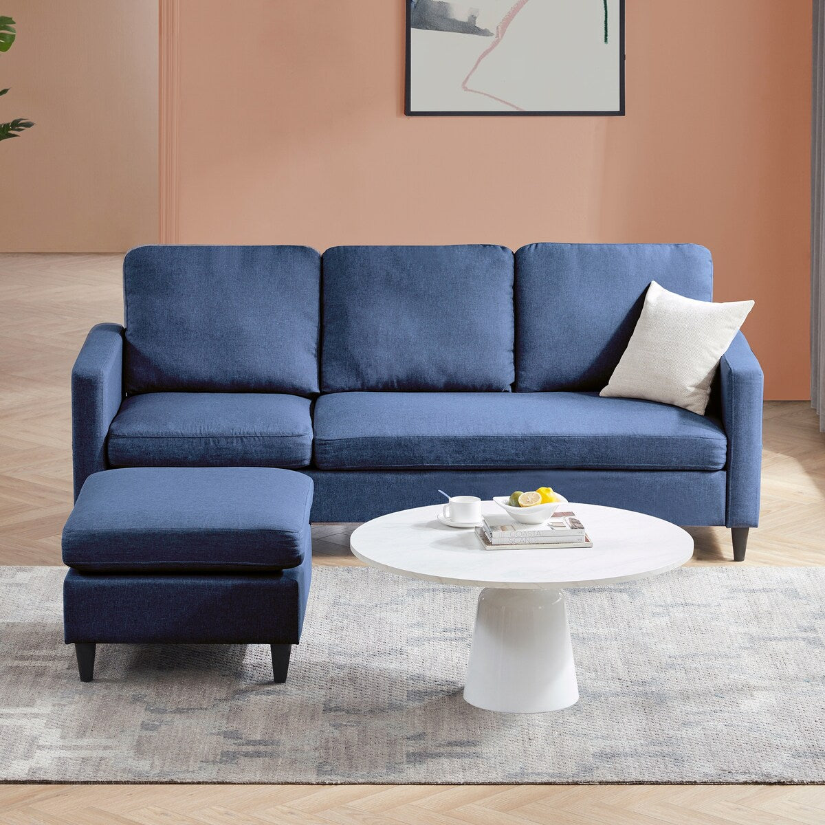 82.6" Reversible Sectional Sofa Living Room L-shape Linen Fabric 3-seater Couch with Ottoman