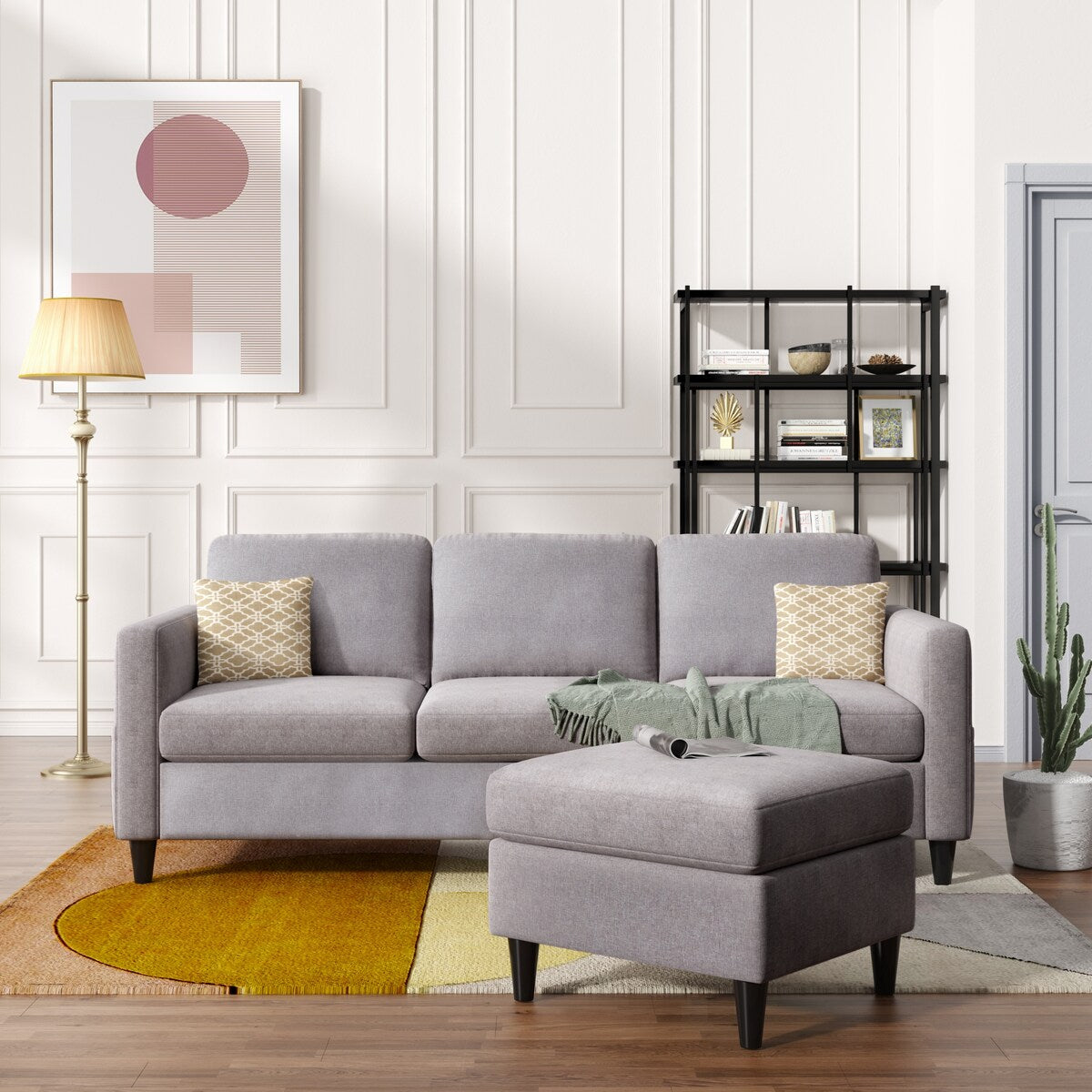 82.6" Reversible Sectional Sofa Living Room L-shape Linen Fabric 3-seater Couch with Ottoman