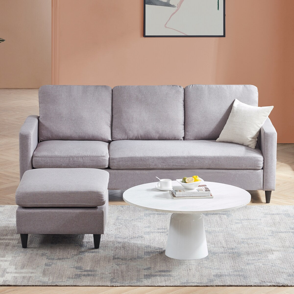 82.6" Reversible Sectional Sofa Living Room L-shape Linen Fabric 3-seater Couch with Ottoman