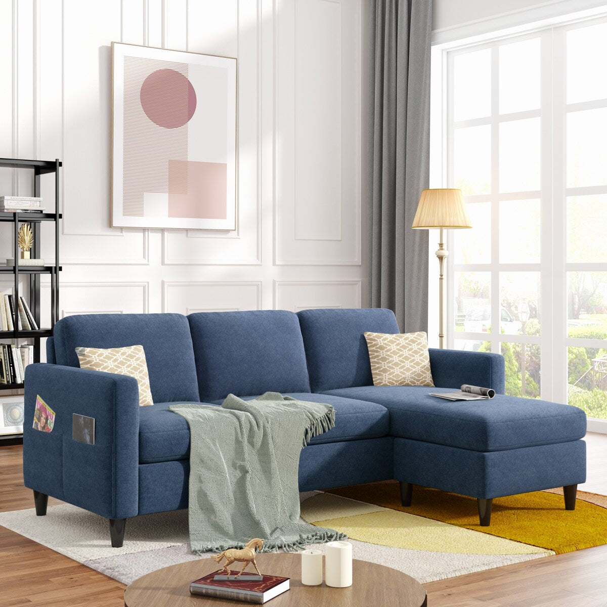 82.6" Reversible Sectional Sofa Living Room L-shape Linen Fabric 3-seater Couch with Ottoman