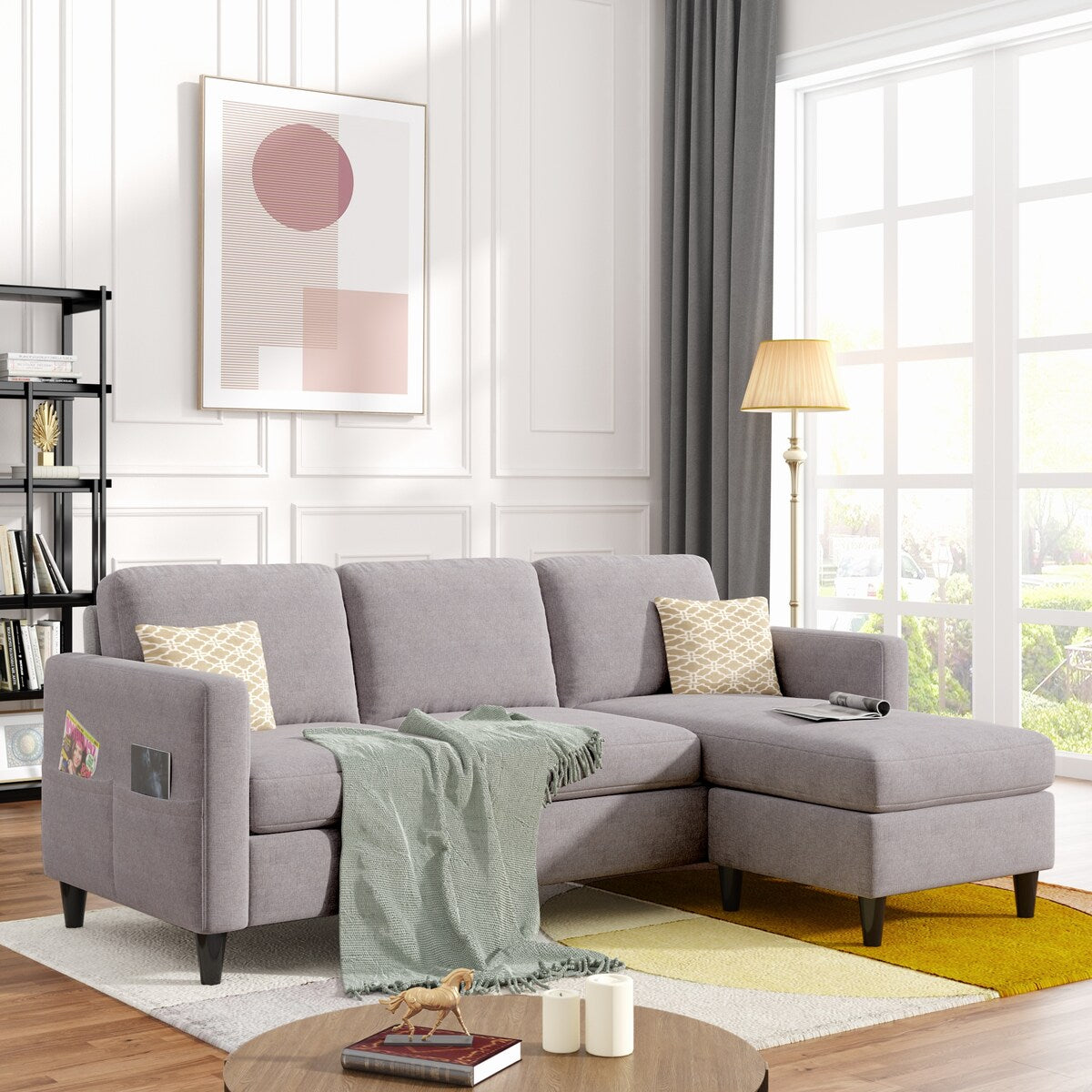82.6" Reversible Sectional Sofa Living Room L-shape Linen Fabric 3-seater Couch with Ottoman