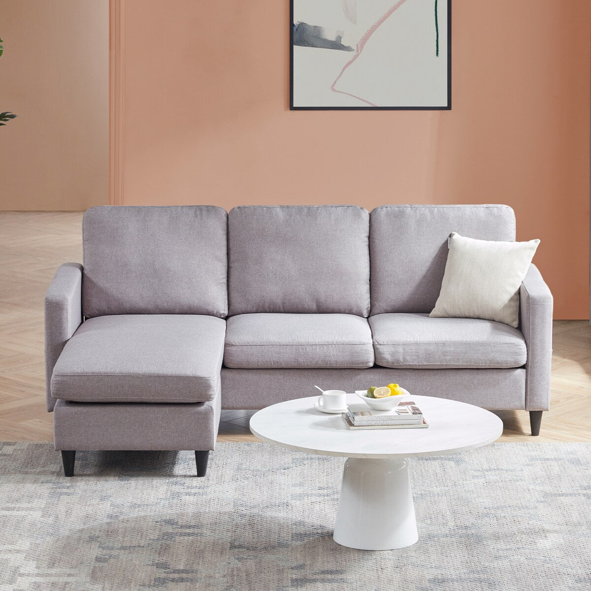 82.6" Reversible Sectional Sofa Living Room L-shape Linen Fabric 3-seater Couch with Ottoman