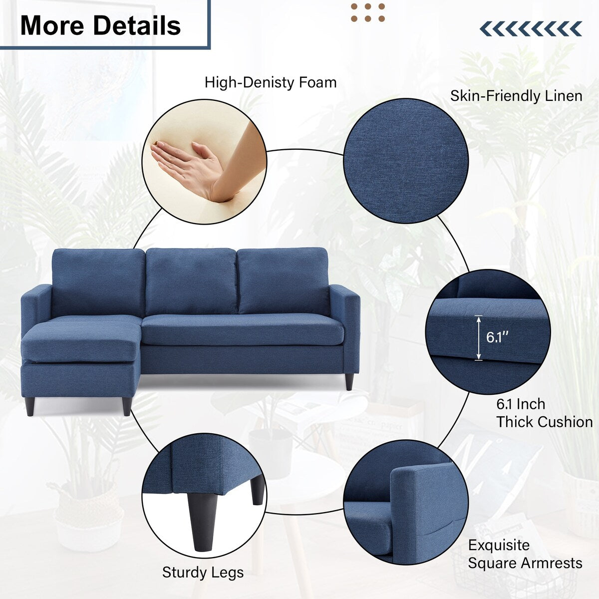 82.6" Reversible Sectional Sofa Living Room L-shape Linen Fabric 3-seater Couch with Ottoman